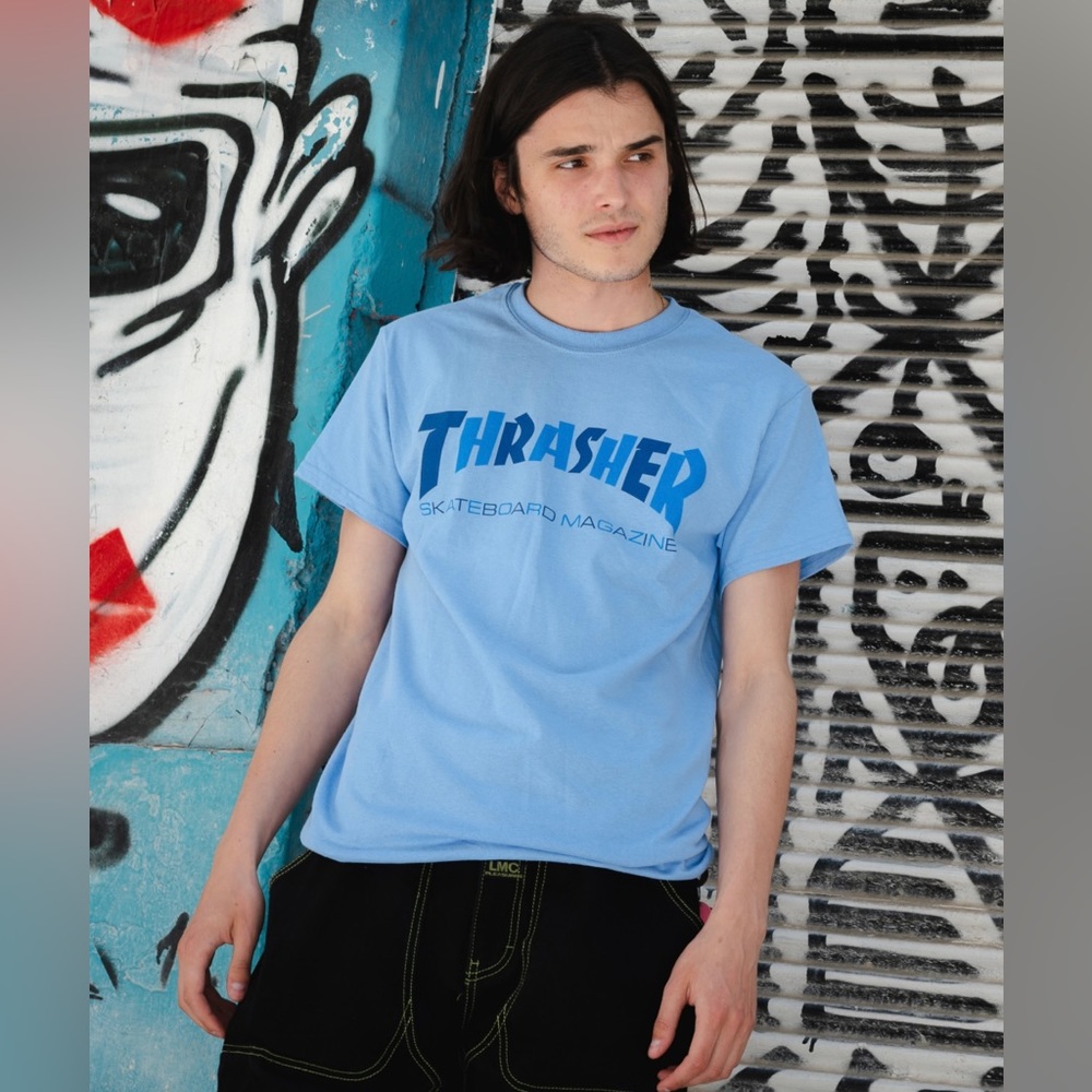 💖52$25 Thrasher Skateboard Magazine Tee Checkers Carolina Blue T-Shirt Size M